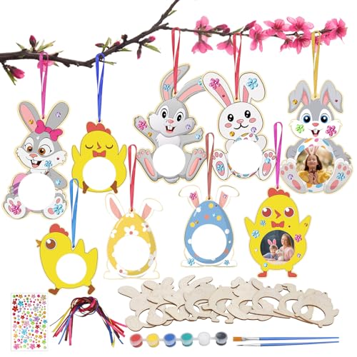 DKINY 9 Stück Ostern Holzfotorahmen für Kinder DIY Osterhasen Ostereier Osterküken Bilderrahmen aus Holz zum Basteln und Bemalen Ostern Holzbastelset und Fotos ankleben Geschenk für Kinder von DKINY