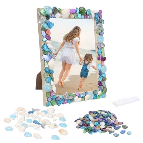 DKINY Mosaik Bilderrahmen Bastelset Kinder Holz Fotorahmen Mosaiksets mit Muschel Fischschwanz DIY Mosaik Holzrahmen zum Basteln Personalisiert Kreativset Geschenk für Junge Mädchen Sommer Geburtstag von DKINY