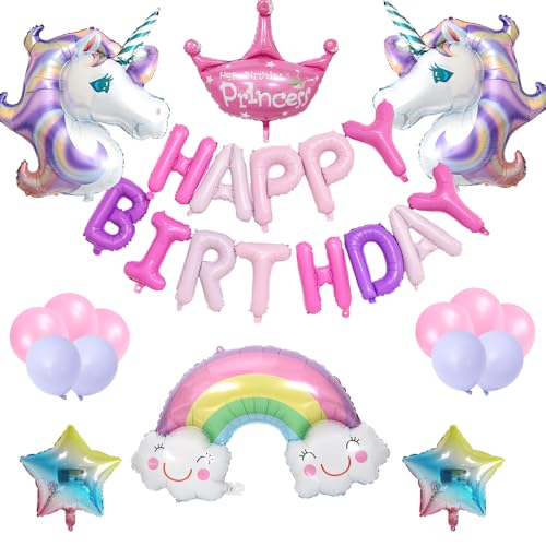 17 Stück Einhorn Folienballon, Einhorn Folien Ballon, Regenbogen Heliumballon Geburtstag Dekoration Bauernhof Super Shape Folienballon Einhornchen Kindergeburtstag Partydeko Luftballons Supplies von DKLQXCE