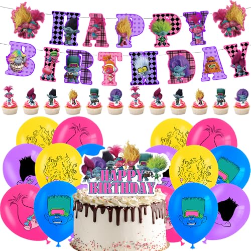 Trrolls Themed Geburtstag Dekorationen, DKLQXCE 31 PCS Trrolls Party Supplies, Trrolls Geburtstagsparty Dekorationen Balloons Banner Cupcake Toppers Luftballon Geburtstagsdeko für Kinder von DKLQXCE