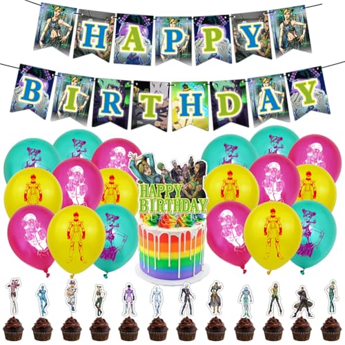 JooJo Themed Geburtstag Dekorationen, DKLQXCE 33 PCS JooJo Bizarre Adventure Party Supplies, JooJo Geburtstagsparty Dekorationen Balloons Banner Cupcake Toppers Luftballon für Kinder Geburtstagsdeko von DKLQXCE