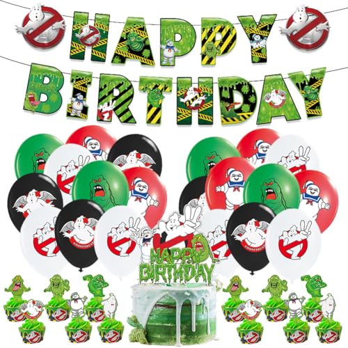 Ghoostbuster Themed Geburtstag Dekorationen, DKLQXCE 35 PCS Ghoost buster Party Supplies, Ghoostbuster Geburtstagsparty Dekorationen Balloons Banner Cupcake Toppers für Kinder Geburtstagsdeko von DKLQXCE