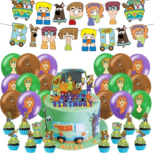 Sccooby Themed Geburtstag Dekorationen, DKLQXCE Sccooby Geburtstagsparty Dekorationen, 33 PCS Sccooby Party Supplies Balloons Banner Cupcake Toppers Luftballon Geburtstagsdeko für Kinder von DKLQXCE