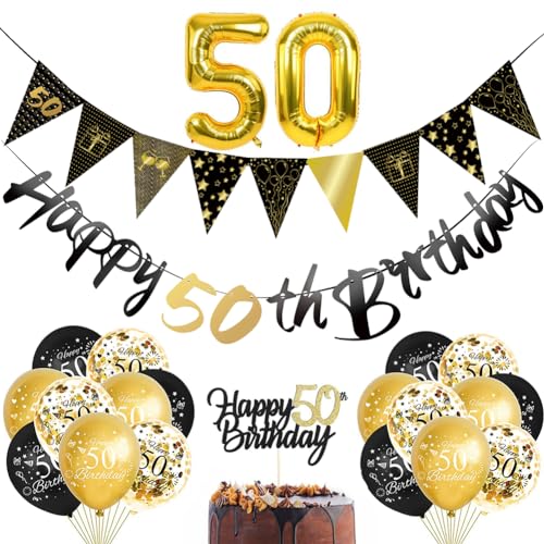 DKLQXCE 50th Birthday Decoration,Balloon 50th Birthday Black Gold, Confetti 50th Birthday Decoration 50th Birthday Garland Black Party Banner Bunting Black Gold Foil Number 50 Balloons for Man Woman von DKLQXCE