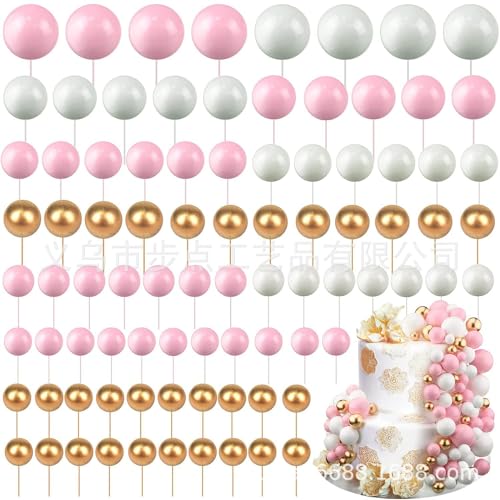 Tortendeko Kugeln, 108 Stück Kuchen Dekoration Kugel, Schaumkugeln Cupcake Topper DIY Kuchen Insert Topper Geburtstag Kuchen Dekoration, für Geburtstag Hochzeit Bedarf Deko (Rosa Weiss Gold) von DKLQXCE