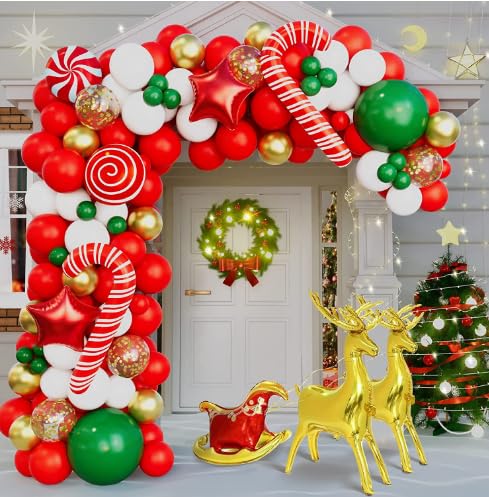 Weihnachts Party Dekorationen, 114 PCS Weihnachten Luftballons Girlande Set mit Rentier Zuckerstangen Stern Süssigkeit Rot Grün Luftballons für Merry Christmas Party Dekoration von DKLQXCE