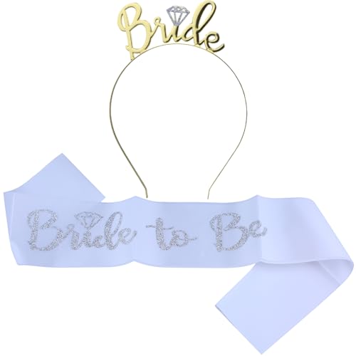 DLBTWDOYLS Braut Hochzeit Accessoires Set, Zukunft Braut hell Silber Logo Zeremonie Gürtel, Glitzer Krone, weibliche Junggesellenabschied Geschenke, Hochzeit Foto Requisiten (Golden) von DLBTWDOYLS