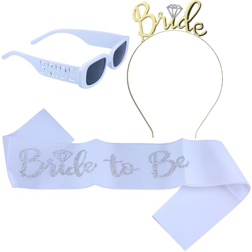 DLBTWDOYLS Bride Hochzeitsaccessoires Set, Brautsonnenbrille, goldener zeremonieller Schalgürtel, Glitzerkrone, Junggesellenabschied Geschenke für Frauen (Golden) von DLBTWDOYLS