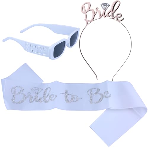 DLBTWDOYLS Bride Hochzeitsaccessoires Set, Brautsonnenbrille, goldener zeremonieller Schalgürtel, Glitzerkrone, Junggesellenabschied Geschenke für Frauen (Rotgold) von DLBTWDOYLS