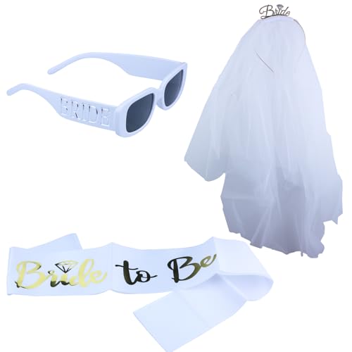 DLBTWDOYLS Dekorationsset für die zukünftige Braut, Brautsonnenbrille, Weißgoldgürtel, Diademkrone mit Schleier, Junggesellenabschiedsgeschenke, Brautparty-Accessoires (Golden) von DLBTWDOYLS