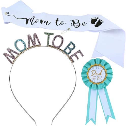 DLBTWDOYLS Werdende Mama Party Ornament Set, Mummy to Be Schärpe, Mummy to Be Haarband Krone, Vater-zu-Sein Pin Abzeichen, Neue Baby-Dusche Partygeschenke (weiß) von DLBTWDOYLS