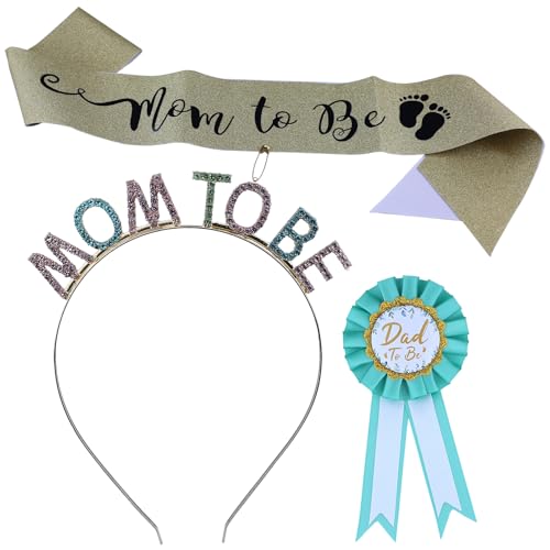 Werdende Mama Party Ornament Set, Mummy to Be Schärpe, Mummy to Be Haarband Krone, Vater-zu-Sein Pin Abzeichen, Neue Baby-Dusche Partygeschenke (Golden) von DLBTWDOYLS