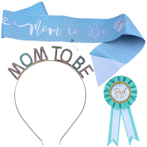 Werdende Mama Party Ornament Set, Mummy to Be Schärpe, Mummy to Be Haarband Krone, Vater-zu-Sein Pin Abzeichen, Neue Baby-Dusche Partygeschenke (blau) von DLBTWDOYLS