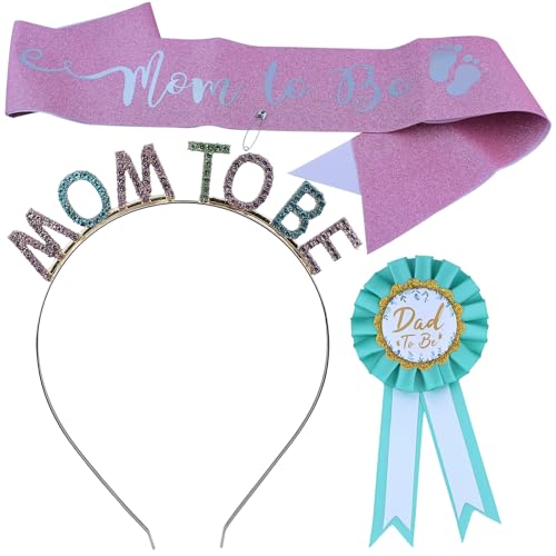 Werdende Mama Party Ornament Set, Mummy to Be Schärpe, Mummy to Be Haarband Krone, Vater-zu-Sein Pin Abzeichen, Neue Baby-Dusche Partygeschenke (rosa) von DLBTWDOYLS