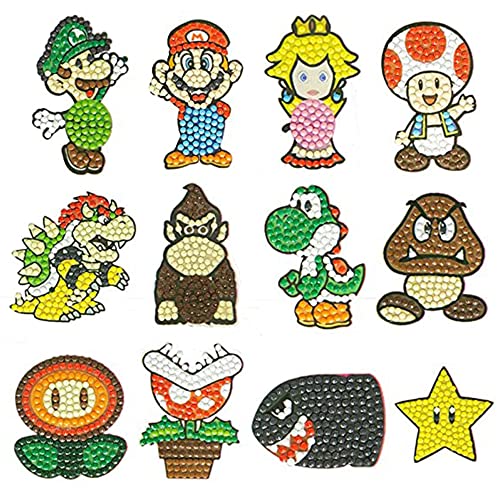 DLFSECOLI 12 Stück Marrio Diamond Painting Set für Kinder, Cartoon Theme Diamond Painting Sticker, 5D DIY Diamant Malerei, Aufkleber Kit Diamant Malerei Kits für Aufkleber Kinder Geburtstagsgeschenk von DLFSECOLI