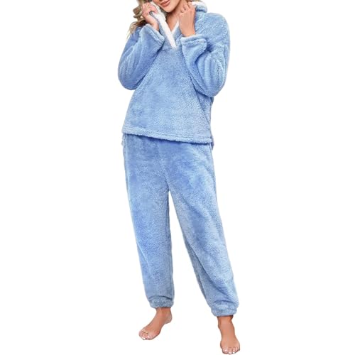 DLLDLGG Fleece Pyjama Set für Damen, Warmer Loungewear Pyjama, Weicher Sherpa Schalkragen, Langärmeliger Steppstoff, Kuscheliger Baumwoll Pyjama(Blue,L) von DLLDLGG