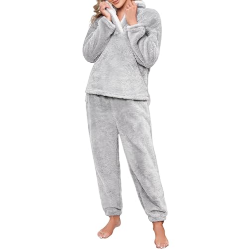 DLLDLGG Fleece Pyjama Set für Damen, Warmer Loungewear Pyjama, Weicher Sherpa Schalkragen, Langärmeliger Steppstoff, Kuscheliger Baumwoll Pyjama(Gray,L) von DLLDLGG