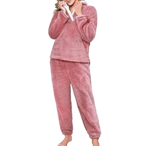 DLLDLGG Fleece Pyjama Set für Damen, Warmer Loungewear Pyjama, Weicher Sherpa Schalkragen, Langärmeliger Steppstoff, Kuscheliger Baumwoll Pyjama(Pink,L) von DLLDLGG