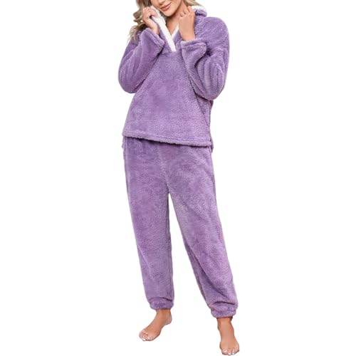 DLLDLGG Fleece Pyjama Set für Damen, Warmer Loungewear Pyjama, Weicher Sherpa Schalkragen, Langärmeliger Steppstoff, Kuscheliger Baumwoll Pyjama(Purple,M) von DLLDLGG