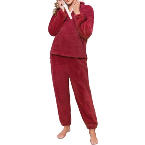 DLLDLGG Fleece Pyjama Set für Damen, Warmer Loungewear Pyjama, Weicher Sherpa Schalkragen, Langärmeliger Steppstoff, Kuscheliger Baumwoll Pyjama(Red,L) von DLLDLGG