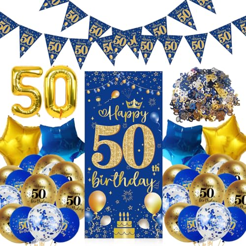 50 Geburtstag Deko für Frauen Mann, DLLUN 50 Geburtstagdeko Folienballons Luftballons, Konfetti Tischdeko Deko 50. Geburtstag Frauen, 50th Happy Birthday Banner Party Deko-Blau-Gold von DLLUN