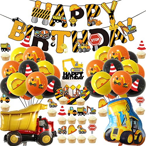 Bagger Deko Kindergeburtstag Set, DLLUN Baustelle Geburtstag Deko, Baufahrzeug Luftballons Deko Jungen, BAU Party Dekoration, Happy Birthday Banner Folienballons Geburtstagsdeko von DLLUN