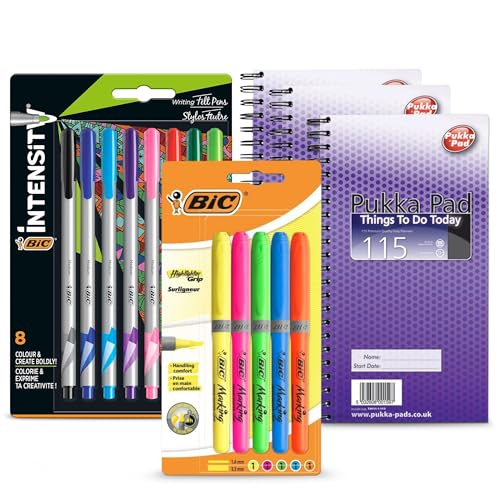 8 Stück BIC Intensity Fineliner Medium Point Pens, 5 Stück BIC Textmarker Grip Pens & 3er Pack Pukka To-Do Pads Set Ideales Bundle zum Schreiben, Hervorheben & Organisieren im Studium von DLM Direct