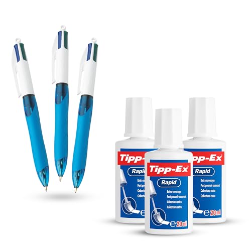 BIC 4 Colours Grip Kugelschreiber 3er Pack mit blauer, schwarzer, roter, grüner Tinte & Tipp-Ex Rapid Correction Fluid 3er Pack mit 20ml schnell trocknendem Pinselapplikator zum Schreiben und von DLM Direct