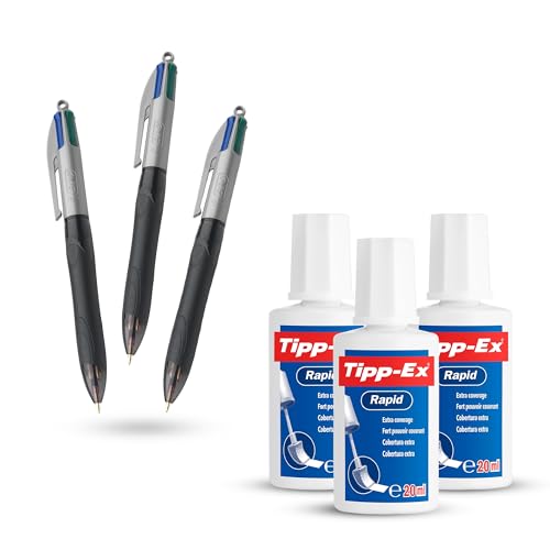 BIC 4 Colours Grip Pro Kugelschreiber 3er Pack mit blauer, schwarzer, roter, grüner Tinte & Tipp-Ex Rapid Correction Fluid 3er Pack mit 20ml schnell trocknendem Pinselapplikator zum Schreiben und von DLM Direct