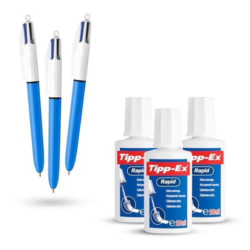 BIC 4 Colours Original Kugelschreiber 3er Pack mit blauer, schwarzer, roter, grüner Tinte & Tipp-Ex Rapid Correction Fluid 3er Pack mit 20ml schnell trocknendem Pinselapplikator zum Schreiben und von DLM Direct