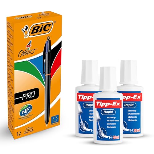 BIC 4 Colours Pro Kugelschreiber 12 Stück mit blauer, schwarzer, roter, grüner Tinte & Tipp-Ex Rapid Correction Fluid 3er Pack mit 20ml schnell trocknendem Pinselapplikator zum Schreiben und von DLM Direct