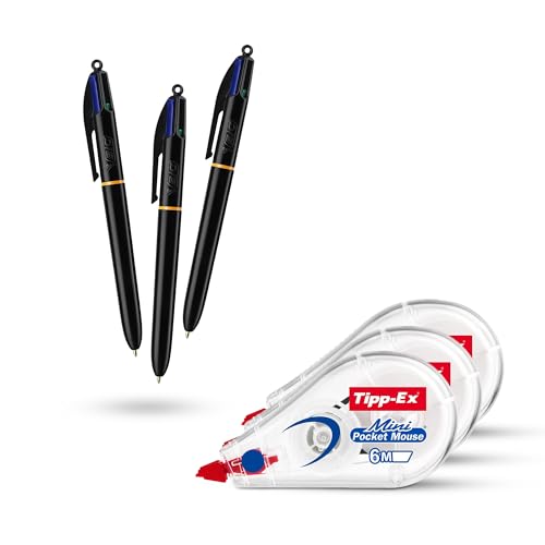 BIC 4 Colours Pro Kugelschreiber 3er Pack mit blauer, roter, grüner, schwarzer Tinte & Tipp-Ex Mini Pocket Korrekturbänder 3er Pack, langlebiges und kompaktes Bündel zum Schreiben, Bearbeiten und von DLM Direct