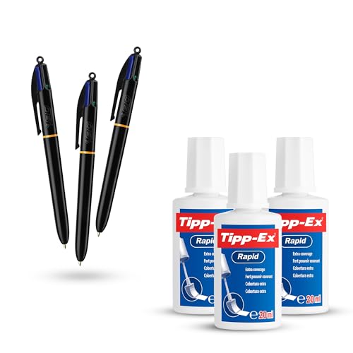 BIC 4 Colours Pro Kugelschreiber 3er Pack mit blauer, schwarzer, roter, grüner Tinte & Tipp-Ex Rapid Correction Fluid 3er Pack mit 20ml schnell trocknendem Pinselapplikator zum Schreiben und von DLM Direct