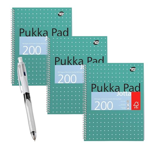 BIC 4 Farben Kugelschreiber mit 3 Tintenfarben + 1 HB-Bleistift & Pukka Pad A4 Metallic Jotta 3 Pack Drahtgebundenes Notizbuch 8 mm Linien, 80 g/m² Papier für Studenten und kreative Projekte von DLM Direct