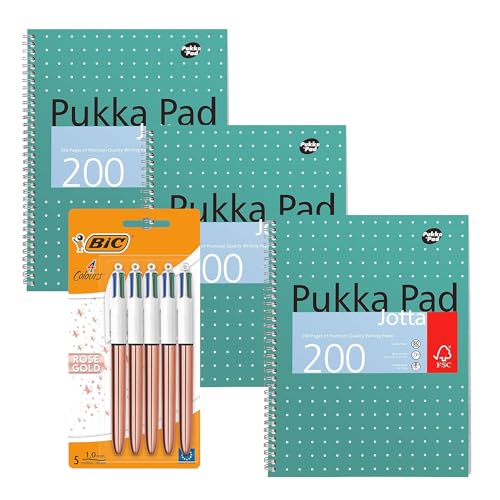 BIC 4 Farben Rotgold Druckkugelschreiber, mittlere Spitze, 5 Stück & Pukka Pad A4 Metallic Jotta 3er-Pack Notizbücher, 200 Seiten, perforiert & 4-fach Locher, ideal für Büro & Schule von DLM Direct