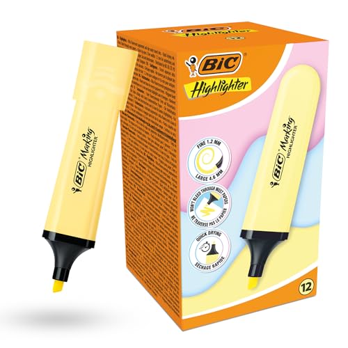 BIC Marking Highlighter Flach Textmarker Marker 12 Stück Kunststoff Textmarker Stift mit Pastellgelber Tinte Textmarker Stifte für Glatte Noten Präzise Highlights Ideal für Schule und Büro von DLM Direct