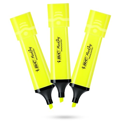 BIC Marking Highlighter Flach Textmarker Marker 3 Stück Kunststoff Textmarker mit fluoreszierender Neongelber Tinte Textmarker Stifte für Glatte Noten Präzise Highlights Ideal für Schule und Büro von DLM Direct