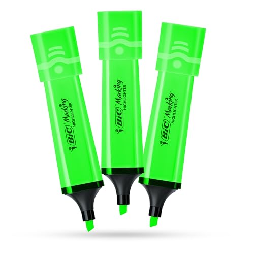 BIC Marking Highlighter Flach Textmarker Marker 3 Stück Kunststoff Textmarker mit fluoreszierender grüner Neontinte Textmarker für glatte Noten, präzise Highlighter, ideal für Schule und Büro von DLM Direct