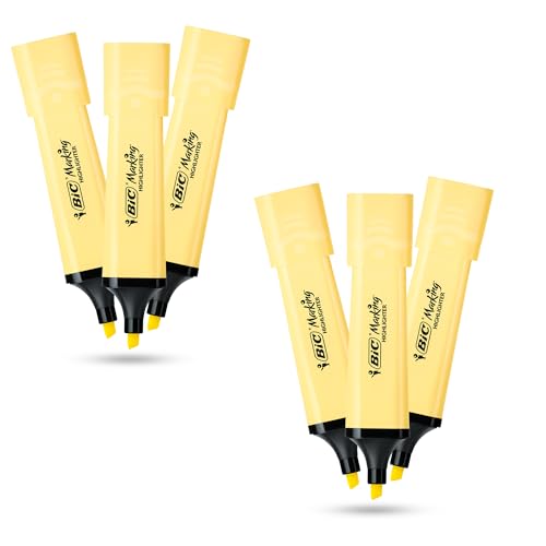 BIC Marking Highlighter Flach Textmarker Marker 6 Stück Kunststoff Textmarker Stift mit Pastellgelber Tinte Textmarker Stifte für Glatte Noten Präzise Highlights Ideal für Schule und Büro von DLM Direct