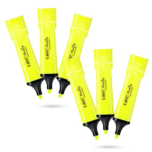 BIC Marking Highlighter Flach Textmarker Marker 6 Stück Kunststoff Textmarker mit fluoreszierender Neongelber Tinte Textmarker Stifte für Glatte Noten Präzise Highlights Ideal für Schule und Büro von DLM Direct