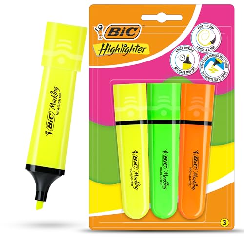 BIC Marking Textmarker Flach Textmarker Marker, 3 Stück Kunststoff Textmarker Stift mit fluoreszierender sortierter Neontinte Textmarker für glatte Noten, präzise Highlighter, ideal für Schule und von DLM Direct