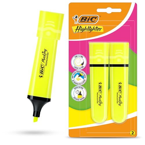 BIC Marking Textmarker Flach Textmarker Marker 2 Stück Kunststoff Textmarker mit fluoreszierender Neongelber Tinte Textmarker Stifte für glatte Noten Präzise Highlights Ideal für Schule und Büro von DLM Direct