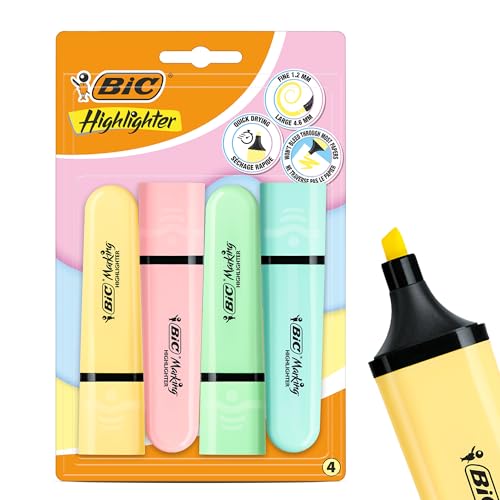 BIC Marking Textmarker Flach Textmarker Marker 4 Stück Kunststoff Textmarker Stift mit sortierter Pastelltinte Textmarker Stifte für glatte Notizen Präzise Highlights Ideal für Schule und Büro von DLM Direct