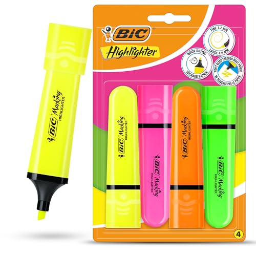 BIC Marking Textmarker Flach Textmarker Marker 4 Stück Kunststoff Textmarker mit fluoreszierender sortierter Neontinte Textmarker Stifte für glatte Noten Präzise Highlights Ideal für Schule und Büro von DLM Direct