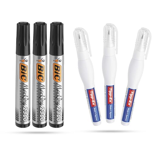 BIC Tipp-Ex Shake n Squeeze Korrekturstifte deckende Korrekturflüssigkeit 8 ml, 3er Pack, weiß & BIC Marking 2300 Permanentmarker, 3er Pack, schwarz von DLM Direct