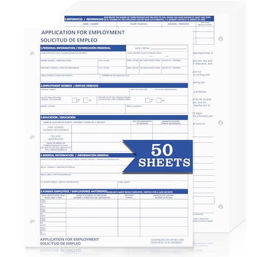 50 Blatt zweisprachige Mitarbeiter-Bewerbungsmappen, 21,6 x 27,9 cm, Bewerbungsformular für Beschäftigung, Bewerbungsformular, 3-Lochung, Englisch und Spanisch für persönliche Details, Bürobedarf (50) von DLUGOPIS