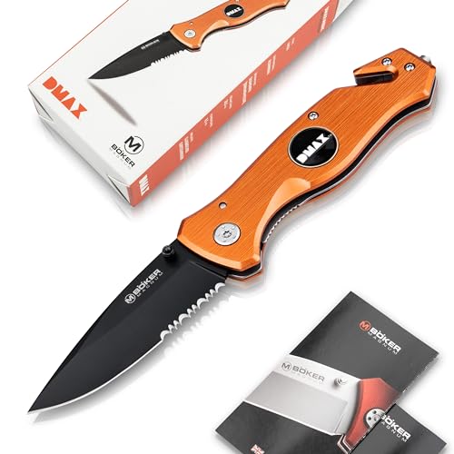 DMAX® Medic Knife - legales Rettungsmesser mit Gurtschneider & Glasbrecher - Notfall-Messer für Feuerwehr & Rettungsdienst - Rescue Knife mit Clip - Taschenmesser mit Alu-Griff orange & Wellenschliff von DMAX