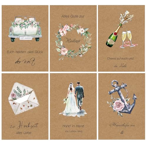 DMHSGIFT Hochzeitskarte 6er-Set mit Umschlag A6 Glückwunschkarte Hochzeit Kraftpapier im Aquarellstil Gemalt Personalisierte Hochzeitskarte für Brautpartys, Verlobungsfeiern (Brown) von DMHSGIFT