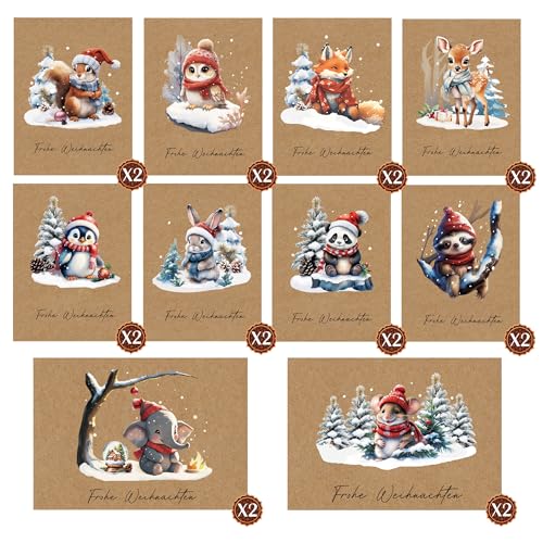 DMHSGIFT Weihnachtskarten Set mit Umschlag 20 Stück mit 10 Designs Waldtiere A6 Kraftpapier Klappkarten Weihnachtskarte für die Familie, Freunde, Kinder von DMHSGIFT