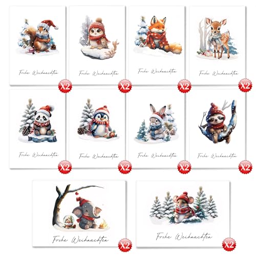 DMHSGIFT Weihnachtskarten mit Umschlag Set 20 Stück mit 10 Designs Waldtiere A6 Klappkarten frohe Weihnachten Karte Christmas Cards für die Familie, Freunde, schönste Weihnachtsgrüße von DMHSGIFT